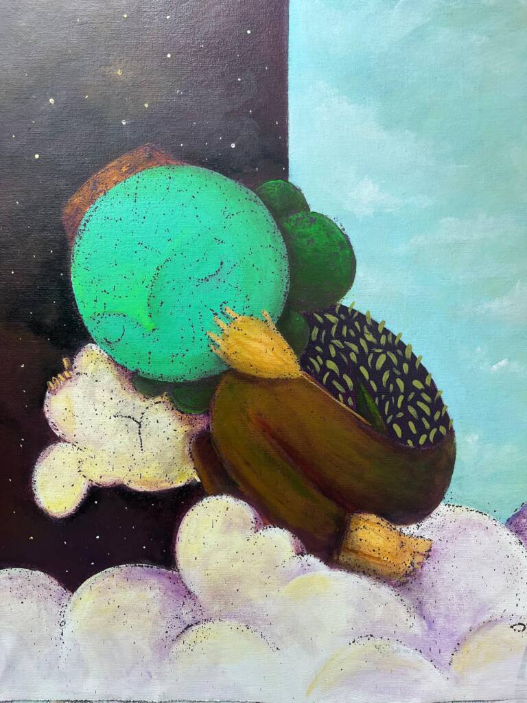Título: Respeite seu descanso Ano: 2025 Técnica: acrílico e spray sobre Tela. Dimensão: 50x55cm Valor: 5.000
