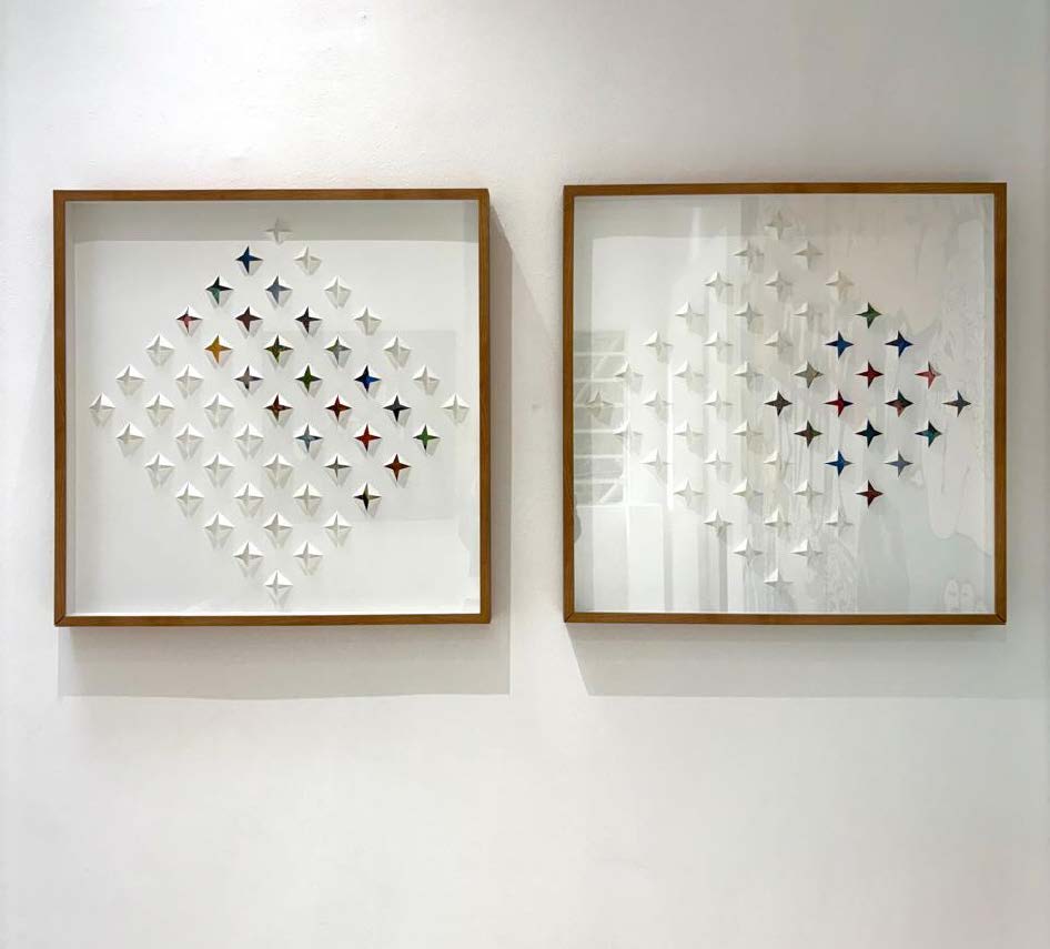 Artista: Maria Fernanda Barros / Obra: "Maria Fernanda Barros"  /Técnica: recorte em papel Estrutura madeira  / Tamanho: 62x62cm / Ano: 2025 / R$ 3.500 (cada)